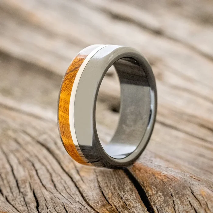 “LEDGER” – IRONWOOD & 14K GOLD INLAY WEDDING RING