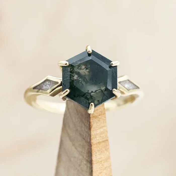 “LOVE STORY” – HEXAGON CUT MOSS AGATE ENGAGEMENT RING WITH DIAMOND DUST INLAYS