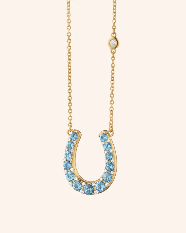 “Luck” Horseshoe 18K Gold Necklace with Aquamarine and Diamonds