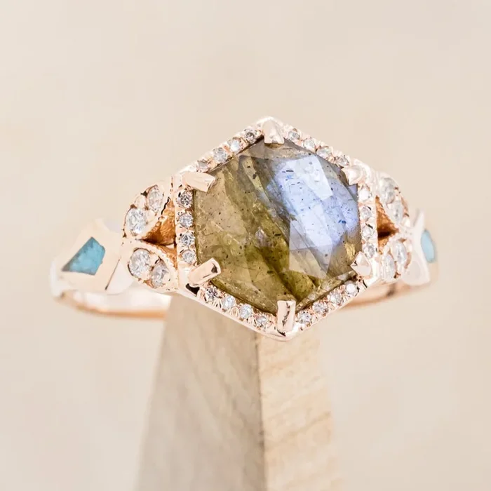 “LUCY IN THE SKY” – HEXAGON CUT LABRADORITE ENGAGEMENT RING WITH DIAMOND ACCENTS & TURQUOISE INLAYS