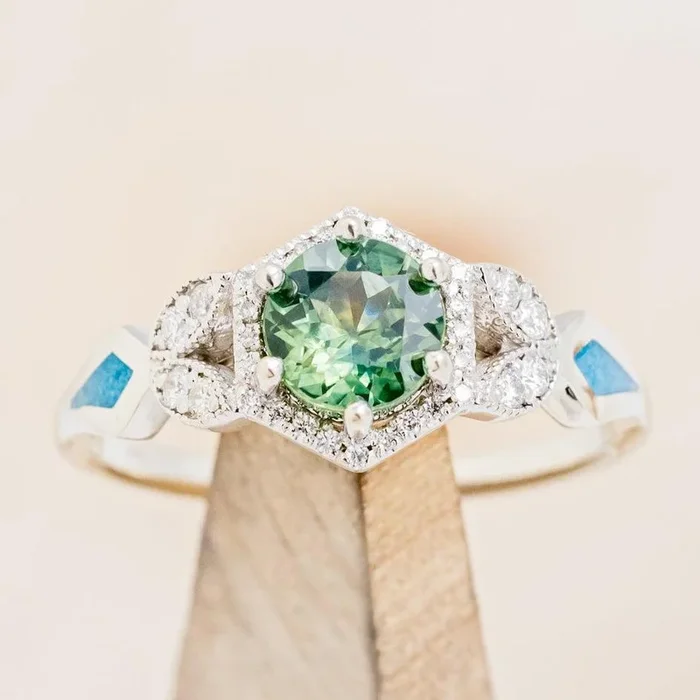 “LUCY IN THE SKY” PETITE – HALO STYLE ENGAGEMENT RING WITH DIAMOND ACCENTS & TURQUOISE INLAYS