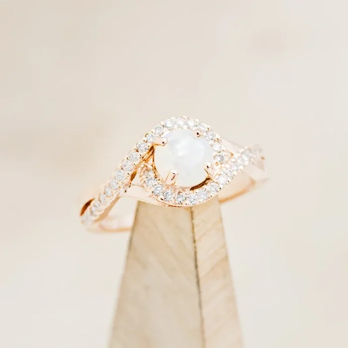 “MABLE” – BYPASS-STYLE OPAL ENGAGEMENT RING WITH DIAMOND ACCENTS