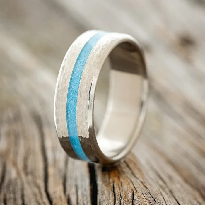 “NIRVANA” – CENTERED TURQUOISE INLAY WEDDING BAND WITH HAMMERED FINISH – READY TO SHIP