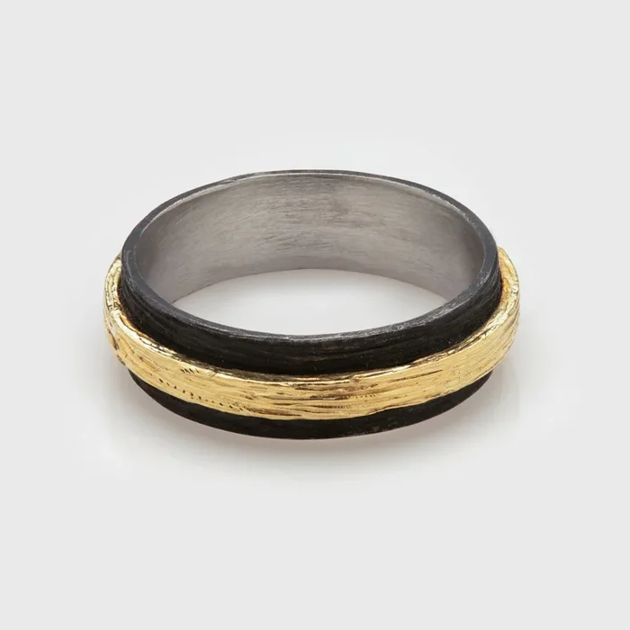 “Pebbles Raised Center” – Gold & Steel Band