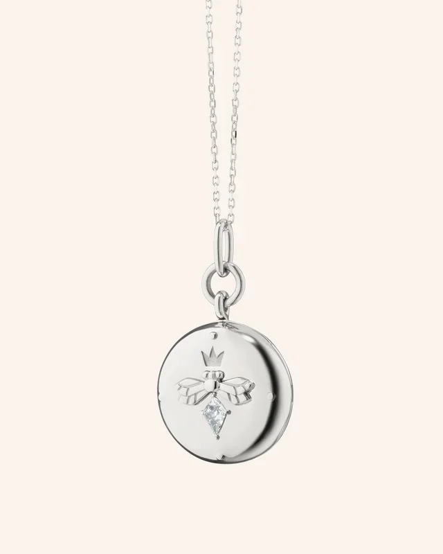 “Queen Bee” Sterling Silver Locket Necklace with White Sapphire