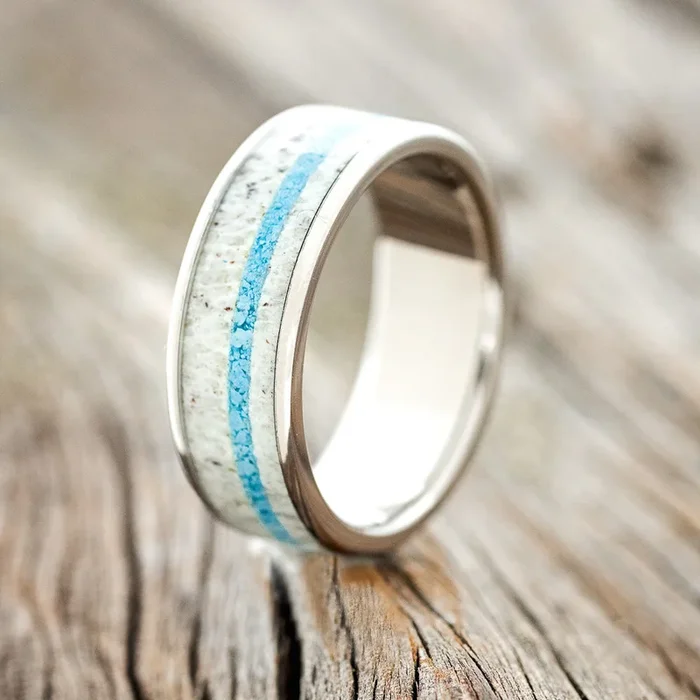 “RAINIER” – ANTLER & OFFSET CUSTOM MATERIAL INLAY WEDDING BAND – READY TO SHIP