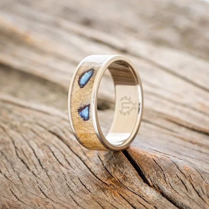 “RAINIER” – BUCKEYE BURL & CUSTOM SEMI PRECIOUS STONE WEDDING BAND – READY TO SHIP