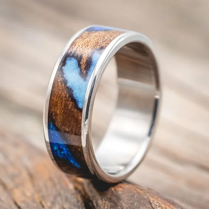 “RAINIER” – ELM BURL WOOD, BLUE OPAL & TURQUOISE WEDDING RING
