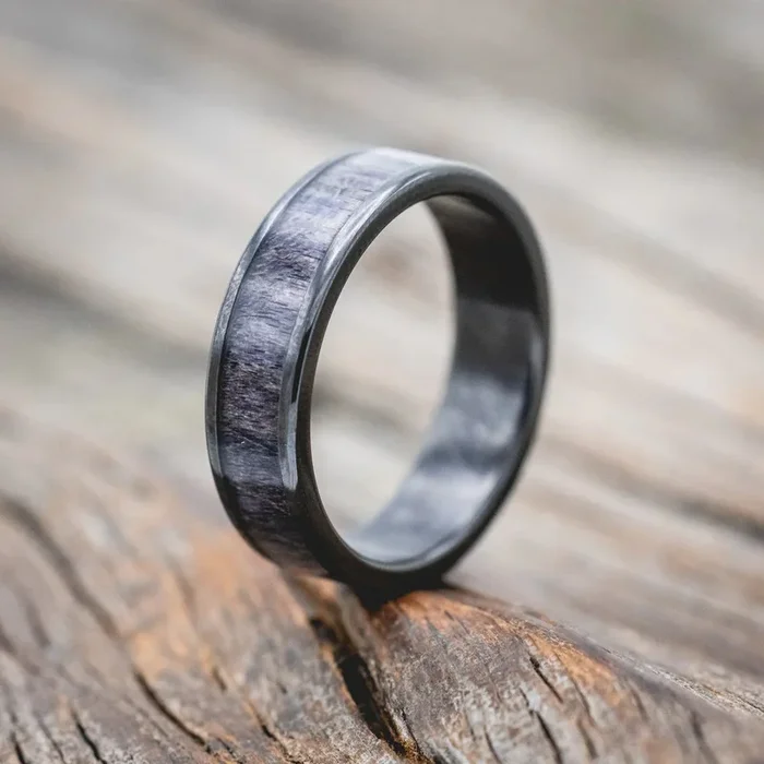 “RAINIER” – GRAY DARK MAPLE WOOD WEDDING RING – BLACK ZIRCONIUM (6MM) – SIZE 10 3/4