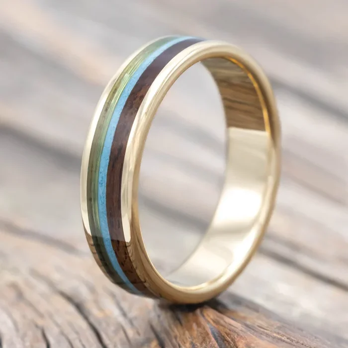 “RAINIER” – GREEN MONO FISHING LINE, TURQUOISE & KOA WOOD WEDDING BAND