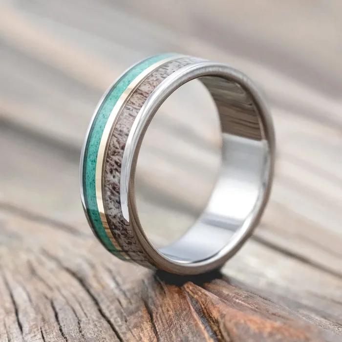 “RAPTOR” – MALACHITE, ANTLER & 14K GOLD INLAY WEDDING RING