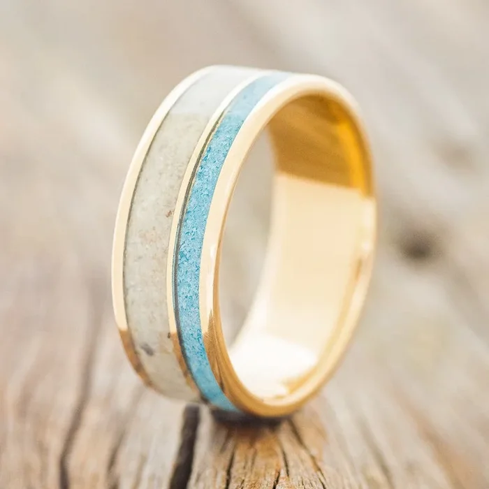 “RAPTOR” – TURQUOISE & GRANITE WEDDING RING FEATURING A 14K GOLD BAND