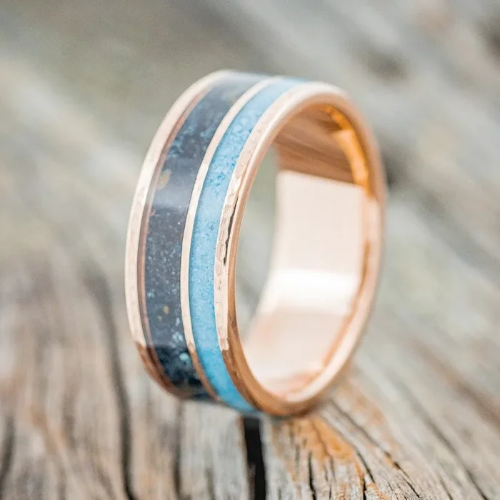 “RAPTOR” – TURQUOISE & PATINA COPPER WEDDING RING FEATURING A HAMMERED 14K GOLD BAND
