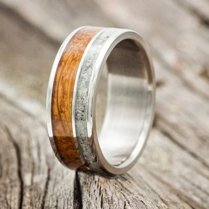 “RAPTOR” – WHISKEY BARREL OAK & ELK TOOTH IVORY WEDDING BAND