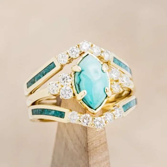 “RAYA” – MARQUISE CABOCHON CUT TURQUOISE ENGAGEMENT RING WITH DIAMOND ACCENTS & CRUSHED CHRYSOCOLLA RING GUARD