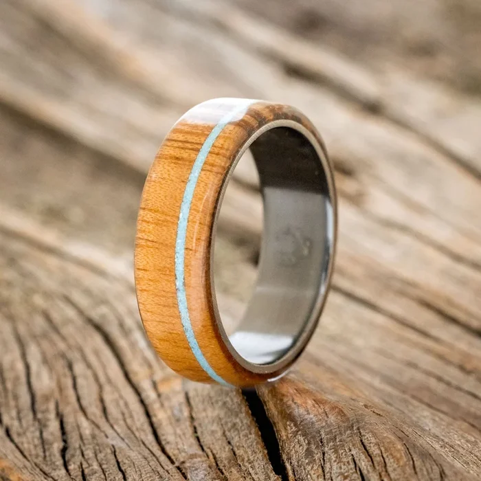 “REMMY” – TIGER WOOD & TURQUOISE WEDDING BAND – BLACK ZIRCONIUM – SIZE 12 1/2