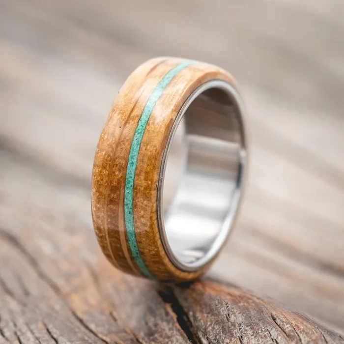 “REMMY” – WHISKEY BARREL OAK & MALACHITE WEDDING RING
