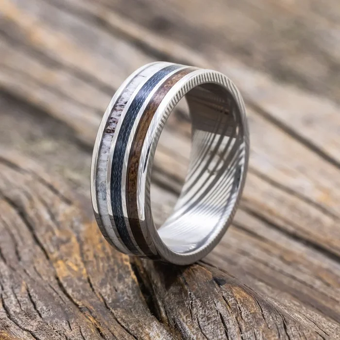 “RIO” – ANTLER, BLACK WALNUT & GREY FISHING LINE WEDDING BAND – TITANIUM – SIZE 10 1/2