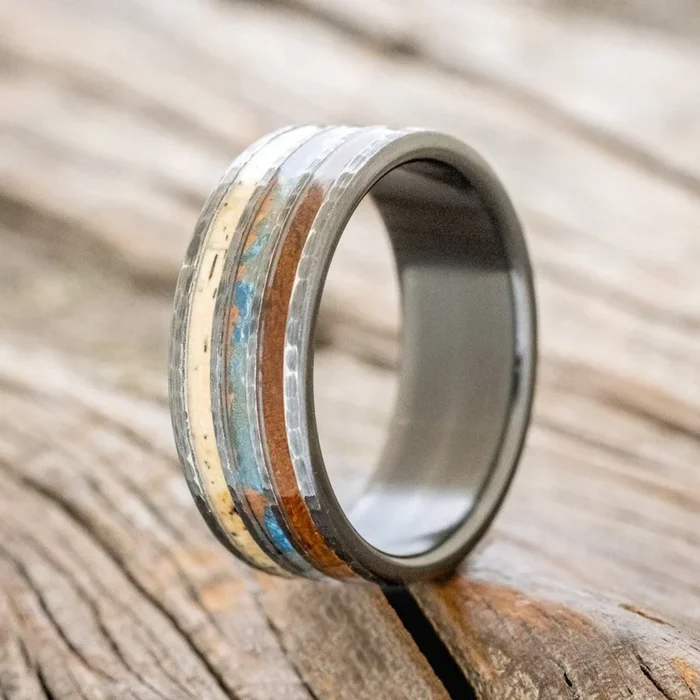 “RIO” – IRONWOOD, PATINA COPPER, & SPALTED MAPLE WEDDING BAND WITH A HAMMERED FINISH