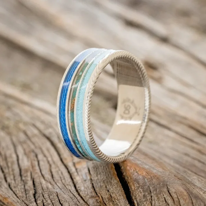 “RIO” – PATINA COPPER, TURQUOISE & BLUE FISHING LINE WEDDING BAND