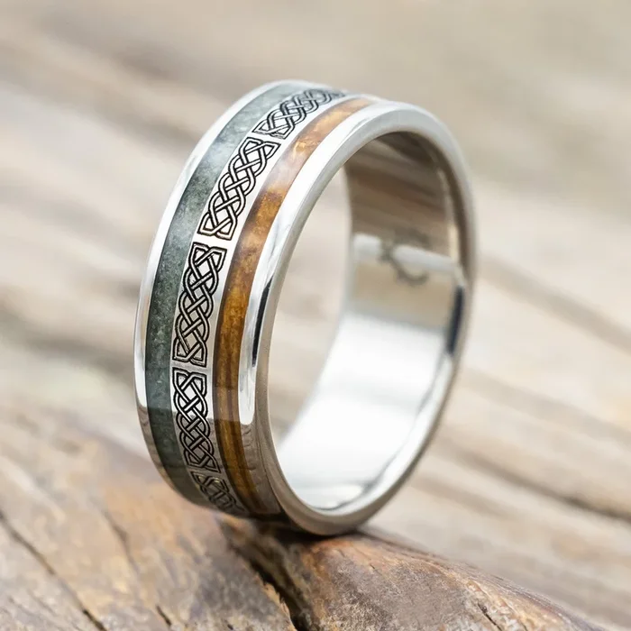“RYDER” – CELTIC SAILOR’S KNOT ENGRAVED WITH WHISKEY BARREL & MOSS AGATE WEDDING RING