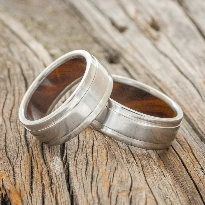 “SEDONA” – MATCHING SET OF RAISED CENTER WEDDING BANDS WITH IRONWOOD LINING