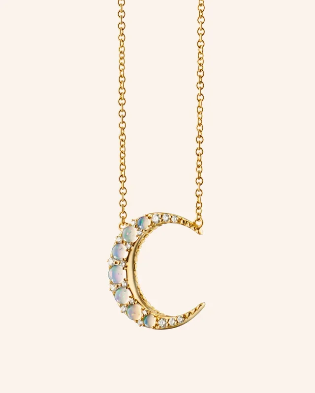 “Sun, Moon, and Stars” Crescent Moon Necklace with Water Opal Cabochons and Diamonds