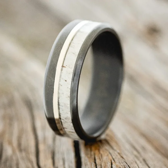 “TANNER” – ANTLER & 14K GOLD INLAY WEDDING RING