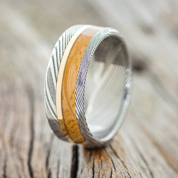 “TANNER” – WHISKEY BARREL & 14K GOLD INLAY WEDDING RING