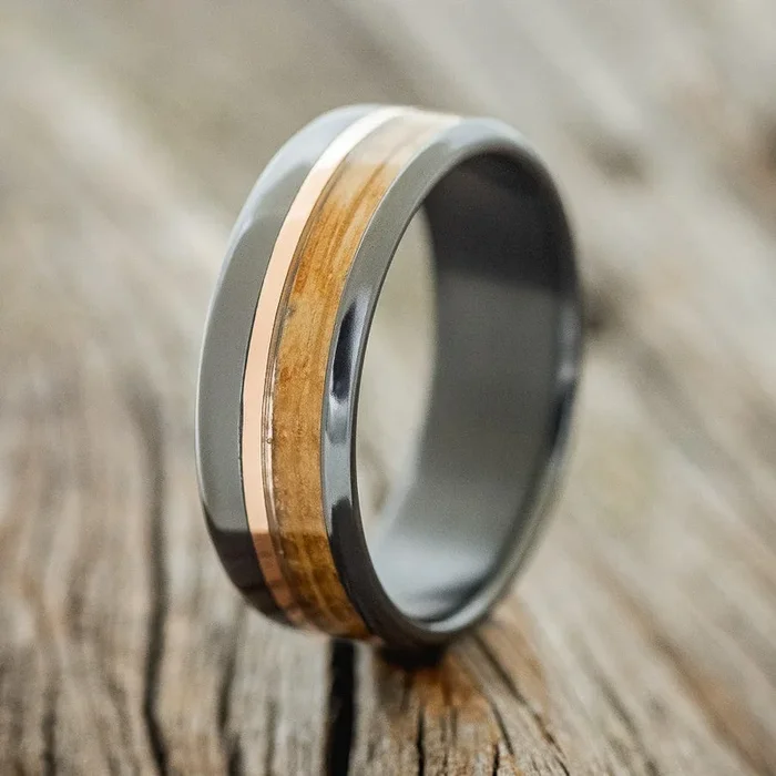 “TANNER” – WHISKEY BARREL OAK & 14K GOLD INLAY WEDDING BAND