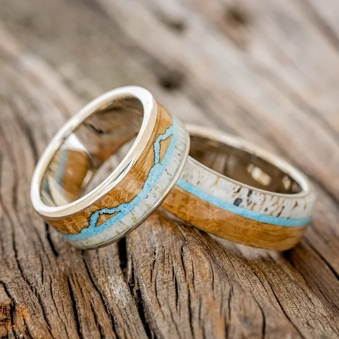 “THE EXPEDITION” & “ARGOS” – MATCHING SET OF ANTLER, TURQUOISE & WHISKEY BARREL OAK WEDDING RINGS