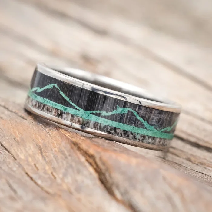 “THE EXPEDITION” – MOUNTAIN ENGRAVED WEDDING RING WITH DARK MAPLE, MALACHITE & ANTLER