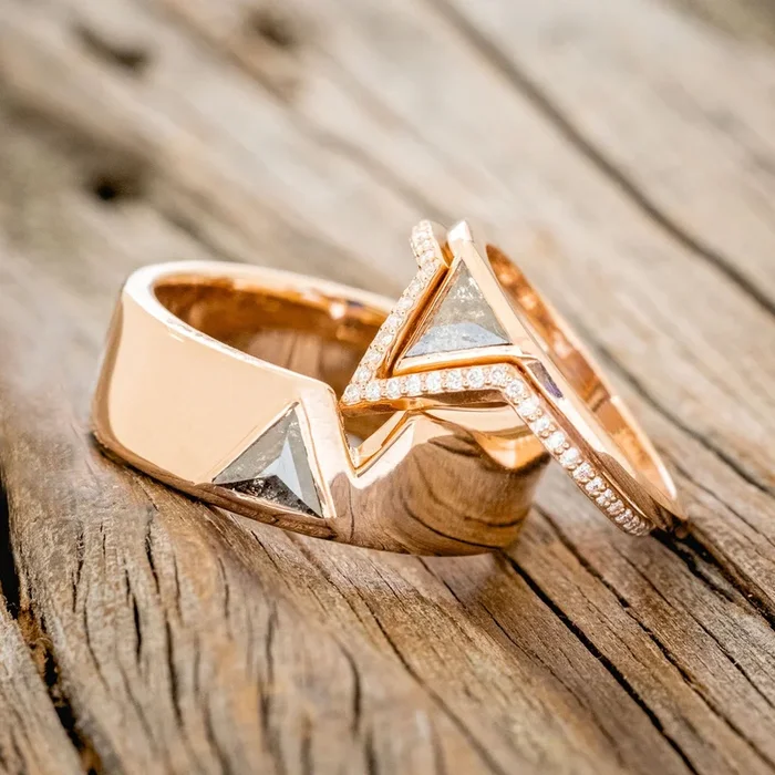 “THE POWER COUPLE” – MATCHING SET OF TRIANGLE CUT SALT & PEPPER DIAMOND WEDDING RINGS