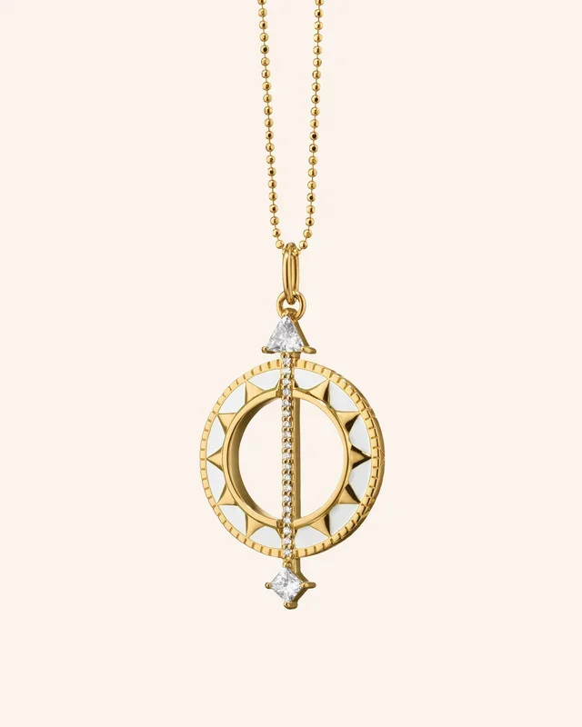 “Time is Precious” Sundial Necklace with White Enamel and Diamonds