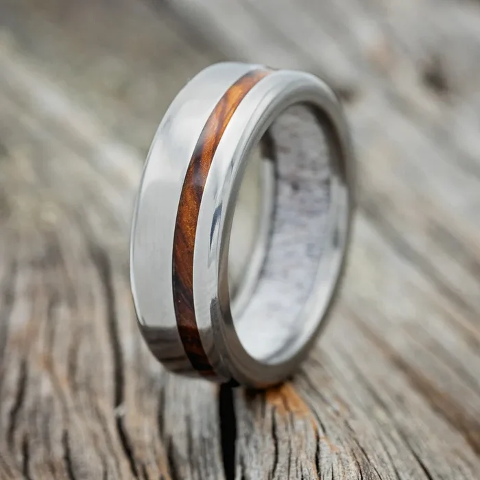 “VERTIGO” – ELK ANTLER LINED WEDDING RING FEATURING CUSTOM MATERIAL INLAY – READY TO SHIP