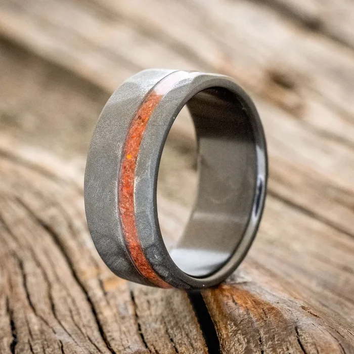 “VERTIGO” – FACETED RUBY RED OPAL WEDDING RING WITH A STONE WASH FINISH