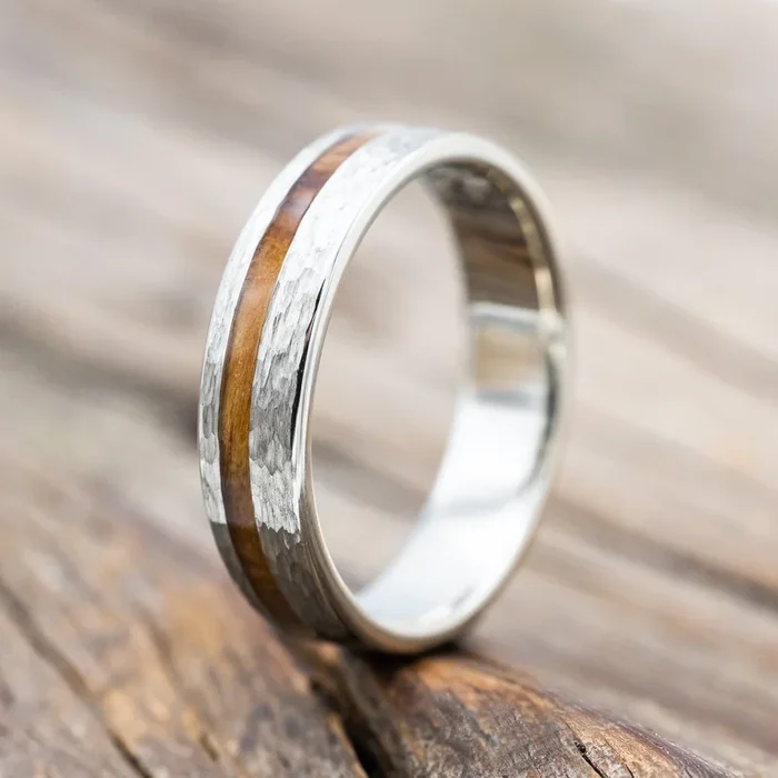 “VERTIGO” – HAMMERED OLIVE WOOD WEDDING BAND