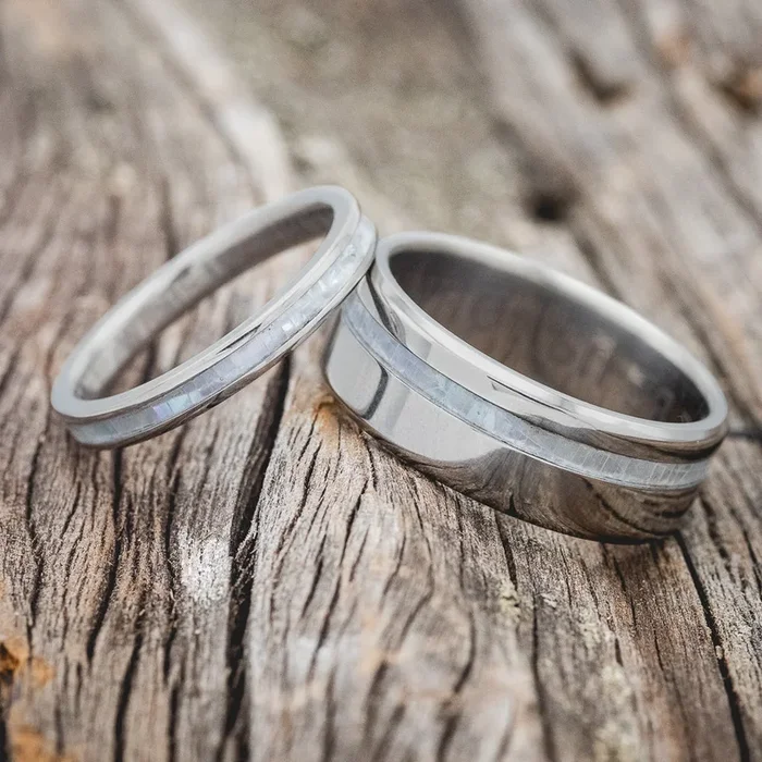 “VERTIGO” – MATCHING SET OF MOTHER OF PEARL WEDDING BANDS