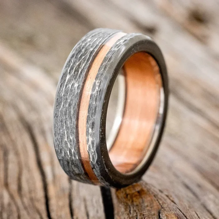 “VERTIGO” – RUSTIC COPPER WEDDING RING FEATURING A COPPER LINING & HAMMERED BLACK ZIRCONIUM BAND