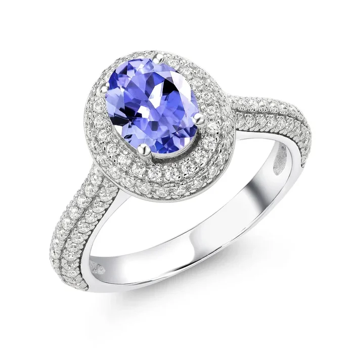 8X6MM Oval Gemstone Birthstone and White Moissanite Halo Engagement Ring | 925 Sterling Silver | Wedding Anniversary Promise Ring For Women | Available In Size 5, 6, 7, 8, 9