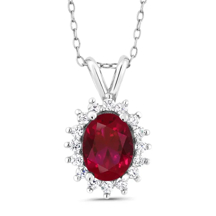 8X6MM Oval Gemstone Birthstone Necklace | 925 Sterling Silver | Halo Pendant Necklaces for Women | With 18 Inch Silver Chain