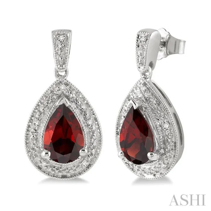 9×6 MM Pear Shape Garnet and 1/20 Ctw Single Cut Diamond Earrings in Sterling Silver