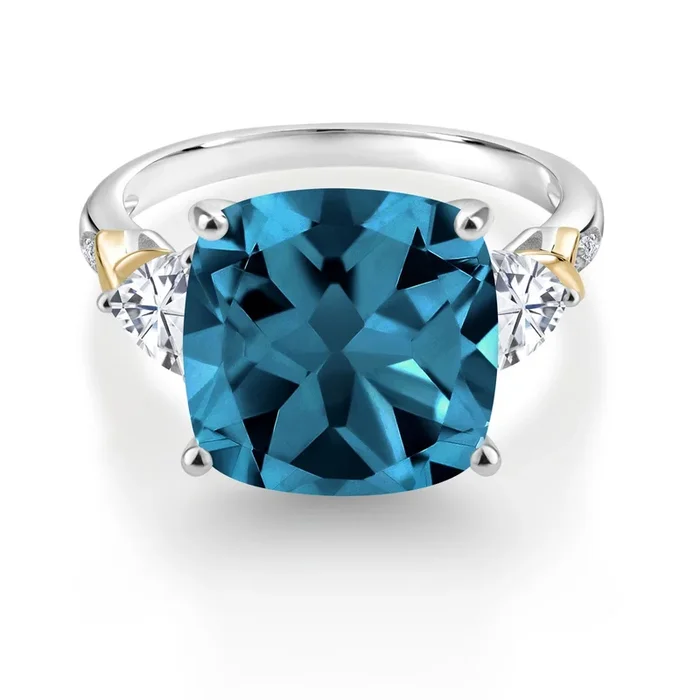 9.75 Cttw London Blue Topaz White Moissanite and Diamond Ring For Women | 925 Silver and 10K Yellow Gold | 12MM Cushion and 5MM Trillion | Available In Size 5, 6, 7, 8, 9