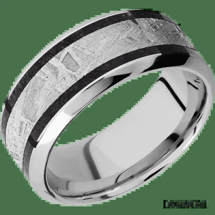 9 mm wide/High Bevel/Cobalt Chrome band featuring inlays of Dinosaur Bone Black and Meteorite