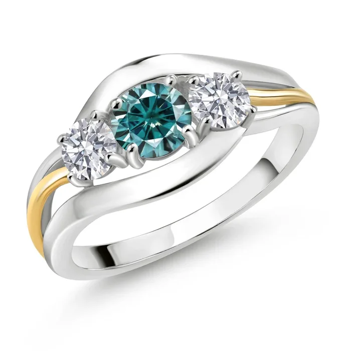 925 Silver and 10K Yellow Gold 3-Stone Ring Round Blue Moissanite and Lab Grown Diamond G/H (1.04 Cttw)