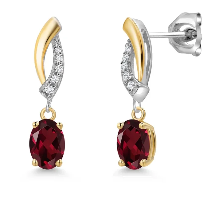 925 Silver and 10K Yellow Gold 6X4MM Oval Gemstone Birthstone and White Lab Grown Diamond Drop Dangle Earrings for Women