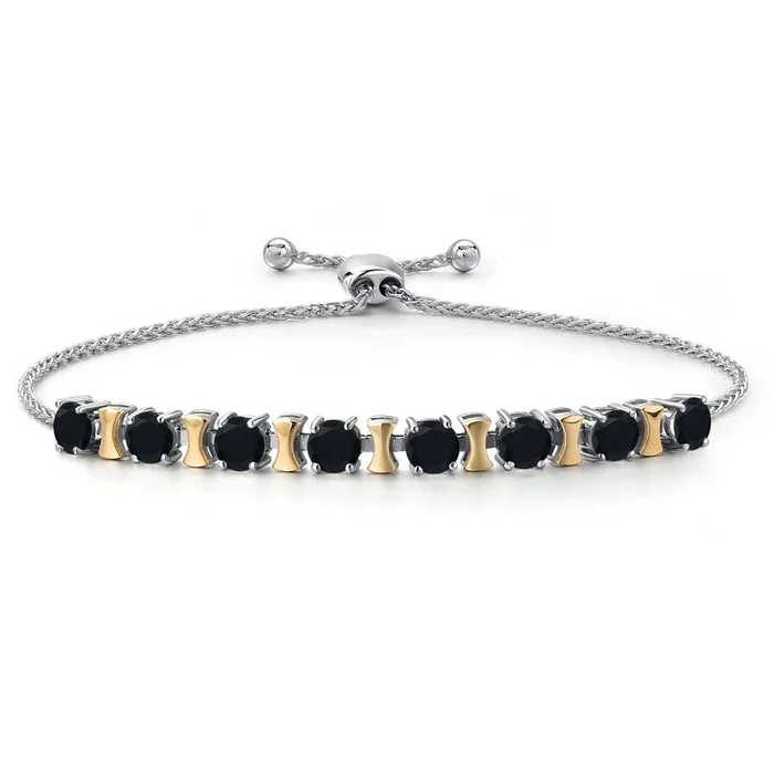 925 Silver and 10K Yellow Gold Black Onyx Bracelet For Women | 1.76 Cttw | Gemstone December Birthstone | Round 4MM | Adjustable up to 9 Inch