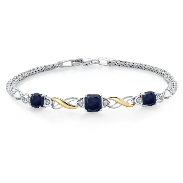 925 Silver and 10K Yellow Gold Blue Sapphire and White Lab Grown Diamond Bracelet For Women (2.79 Cttw, Gemstone September Birthstone, Cushion 6MM and 5MM , 6.5/7/7.5 Inch, Made in Italy)