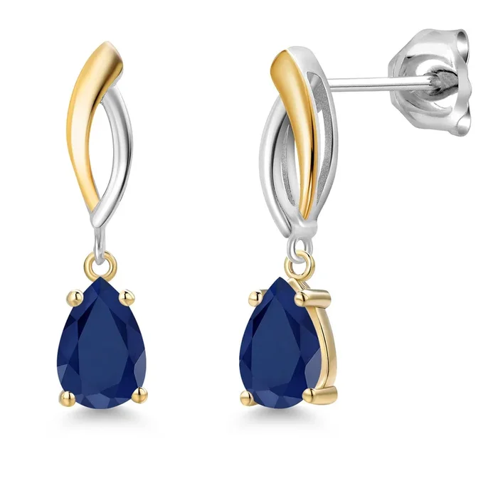 925 Silver and 10K Yellow Gold Blue Sapphire Dangle Earrings for Women | 1.78 Cttw | Gemstone September Birthstone | Pear Shape 7X5MM