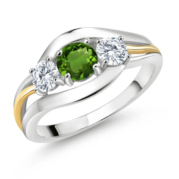 925 Silver and 10K Yellow Gold Chrome Diopside and Moissanite 3-Stone Ring for Women | 0.96 Cttw | Round 5MM and 4MM | Two-Tone Split-Shank Wedding Anniversary Promise Ring